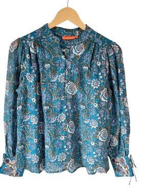 Oliphant Blue White Floral Cotton Pheasant Top Tie Sleeve Boho Whimsy Cottage XS